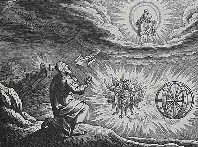 Woodcut of Ezekiel's vision - Merkaba